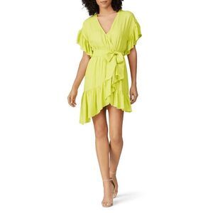 Nissa Ruffled Faux Wrap Mini Crepe Dress Short Sleeve Neon Yellow Size 10